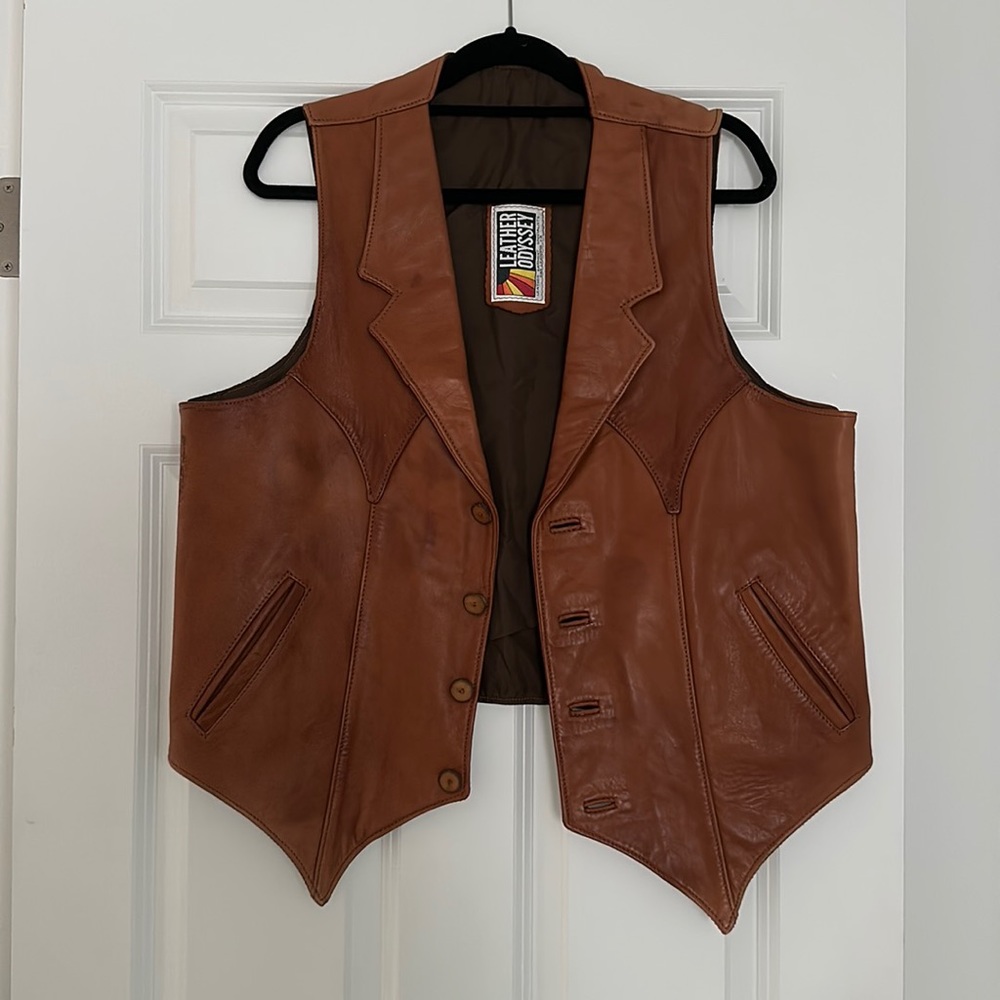 Odyssey Leather | Vintage | Leather Vest | Wood Buttons | USA Made | 80s | 70s